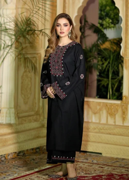 Midnight Maroon Embroidered Linen 2PC Suit